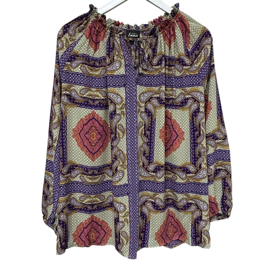 Simply Emma Paisley Blouse Plus Size 2X Peasant Top Long Sleeve Purple Beige